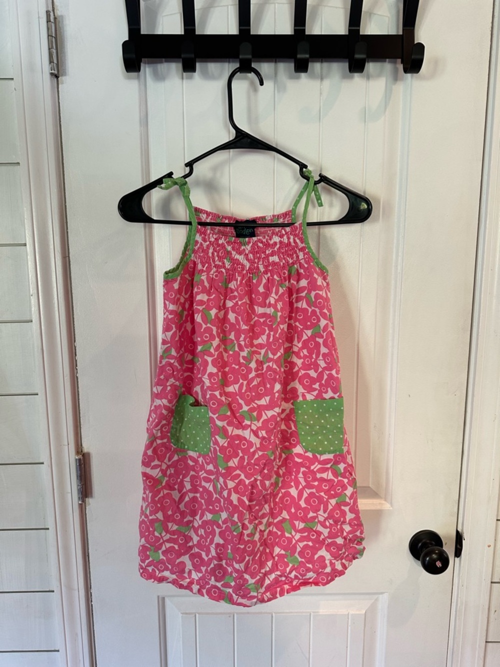 Mini Boden Bright Pink Floral Shirred Dress with Green Accents